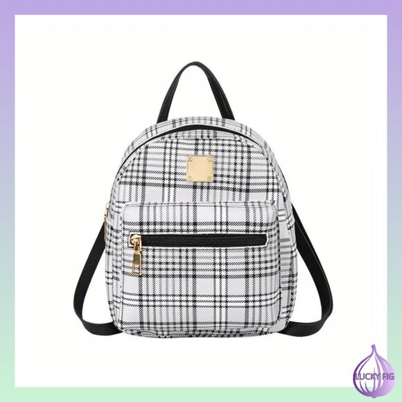 BLACK PLAID MINI BACKPACK1pc New Plaid Stylish Backpack, Multi Functional Casual - Picture 3 of 3